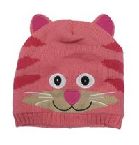 Růžová pletená čepice s ušima - kočka 