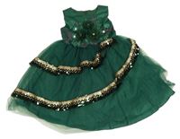 Tmavozelené slavnostní tylové šaty se zdobením a páskem 