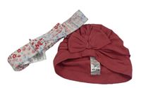 2set - Starorůžová turbanová čepice s mašlí + bílá květovaná čelenka 