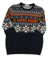 Tmavomodro-bielo-oranžový sveter s nápisom a norským vzorom H&M