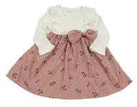 Bílo-růžové žebrované šaty s květovanou sukní a volánky