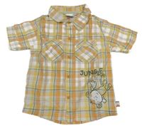 Oranžovo-bielo-zelená kockovaná košeľa s opičkou