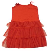 Červené rebrované šaty s tylovymi volániky