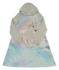 Sivo-modré teplákové šaty s jednorožcom a kapucňou H&M