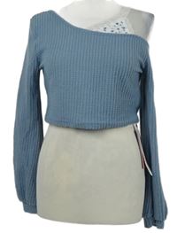 Dámske svetlomodré crop úpletové tričko s krajkovým ramínkem Romwe