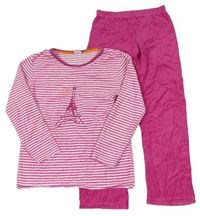 Ružové pruhované zamatové pyžama s Eifelovkou