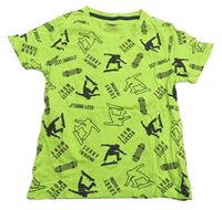 Neónově zelené tričko s panáčky a nápismi Y.F.K.