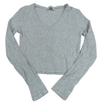 Sivé rebrované crop tričko s čipkou H&M