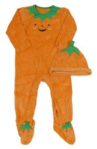 2set - Oranžový zamatový overal - dýně + čapica Nutmeg
