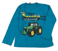 Azurové triko s traktorem a nápisem