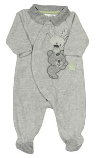 Světlešedo-šedý melírovaný sametový overal s losem a medvědem a límečkem Ergee