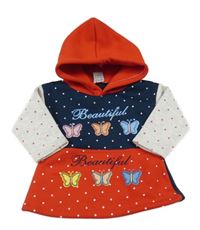 Tmavomodro-červená bodkovaná á tepláková tunika s motýly a kapucňou