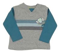 Šedo-modré triko s pruhy a potiskem C&A