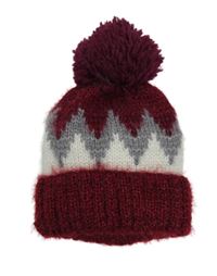 Červeno-bílo-šedá pletená zateplená čepice s bambulí