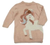 Světlrůžové chlupaté svetrové šaty s jednorožcem C&A