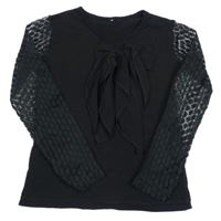 Černé triko s mašlí a krajkovými rukávy 