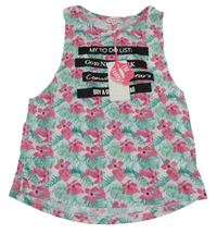 Nové - Bílý crop top s květy a nápisem I´am Famous