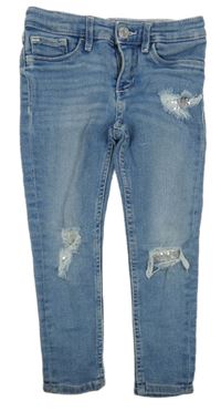 Světlemodré skinny rifle s dírami a flitry H&M