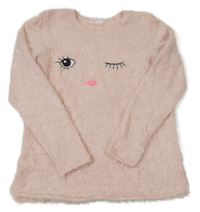 Světlerůžový chlupatý svetr s obličejem H&M