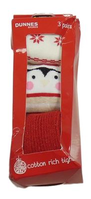 Nové - 3x - Punčocháče - Červené žebrované so třpytkami, světlebéžovo/pruhované so tučňáčkem, bílé s vločkami a vzorom zn. St. Bernard