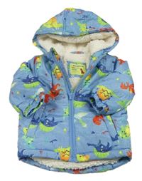 Modrá melírovaná prošívaná šusťáková zimní bunda s dinosaury a kapucí St. Bernard