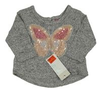 Nové - šedo-bílé melírované úpletové mikinotriko s motýlkom s flitrami PRIMARK