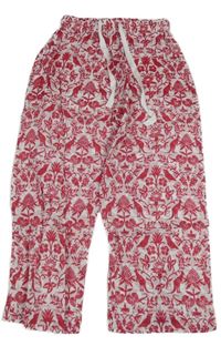 Bielo-malinové ľahké nohavice so zvieratkami a kvietkami