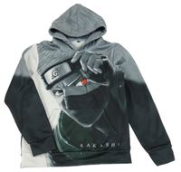 Černo-šedo-bílá teplá mikina s potiskem - KAKASHI a kapsou a kapucí