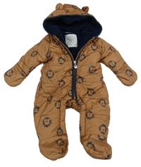 Hnědá prošívaná šusťáková zimní kombinéza se lvíčky a kapucí s oušky noukie's