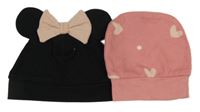 2x - Čepice - Čierna s mašlí - Minnie H&M, růžová se srdíčky a puntíky