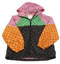 Černo-zeleno-růžovo-oranžová šusťáková jarní bunda se srdíčky a kapucí Next