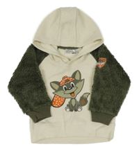 Smetanovo-khaki fleecovo/chlupatá mikina s líškou a kapucňou Ergee