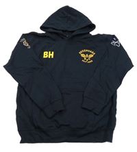 Tmavomodrá mikina s nápismi a žaludem a vreckom a kapucí AWDis