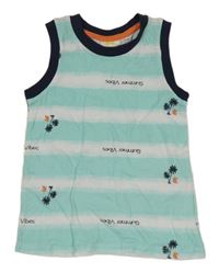 Mátovo-bielo-tmavomodré pruhované/batikované tielko s palmami a nápismi Kids