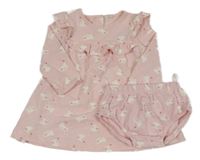 2Set - Světlerůžové šaty s králíčky a volánky + kalhotky na plenky C&A