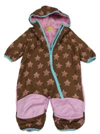 Hnedo-ružová softshellová zateplená kombinéza s hviezdičkami a kapucňou impidimpi