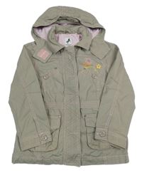 Světlekhakišedá plátěná jarní parka s kytičkami a odepínací kapucí C&A