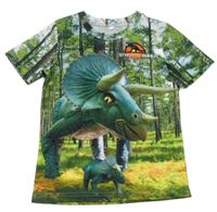 Bílo-zeleno-světlemodré sportovní tričko s dinosaury a stromy