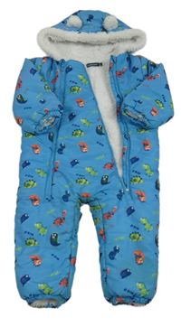 Modrá šusťáková zimní kombinéza s dinosaury a kapucí Inextenso