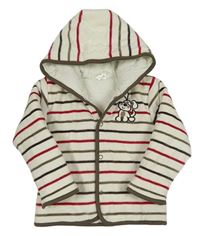 Smetanovo-hnědo-červená pruhovaná sametová zateplená propínací mikina se psem a kapucí