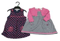 Nové - 2x šaty - tmavomodré puntíkaté teplákové laclové + tmavomodro-bílé pruhované s bolerkem Debenhams