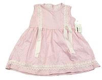 Nové - Ružovo-biele kockované bavlnené šaty s čipkou