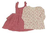 2set - Starorůžové mušelínové laclové šaty + béžové květované triko So Cute