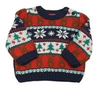 Tmavomodo-červeno-biely vianočný vzorovaný sveter