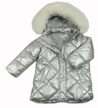 Stříbrná šusťáková zimní bunda s kapucí s kožešinou Mango