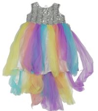 Bielo-farebné tylové slávnostné šaty s flitre s opaskom