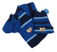 3 set - tmavomodro-modrá pletená čepice s medvědem + šála + rukavice 