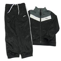 2 set- Černé sportovní tepláky s logem + černo-šedá propínací mikina s logem Slazenger