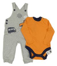 Nové - 2 set - oranžové body + šedé melírované laclové tepláky s auty dunnes