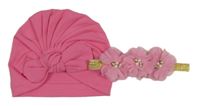 2 set - růžová turbanová čepice + zlato-růžová čelenka s 3D tylovými květy 